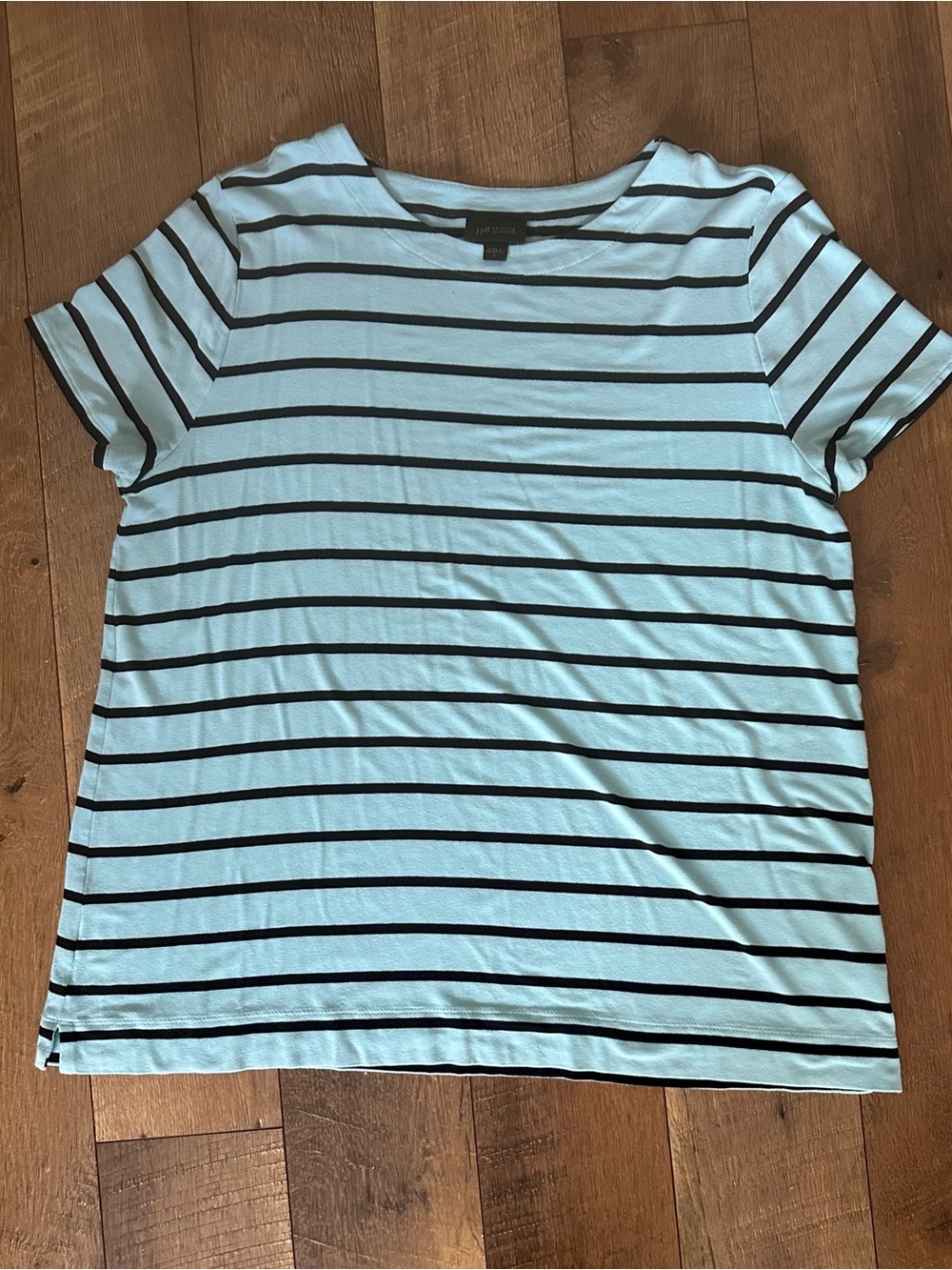 J Jill Wearever Collection Aqua Navy Striped Short Sleeve Tee Shirt Sz L EUC